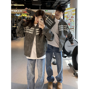 特大码300斤endweep字母印花外套男款秋冬潮牌痞帅机车夹克棒球服