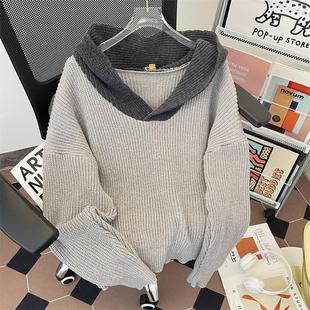 大码300斤美式fitcheck连帽坑条毛衣男女冬季情侣落肩针织衫上衣