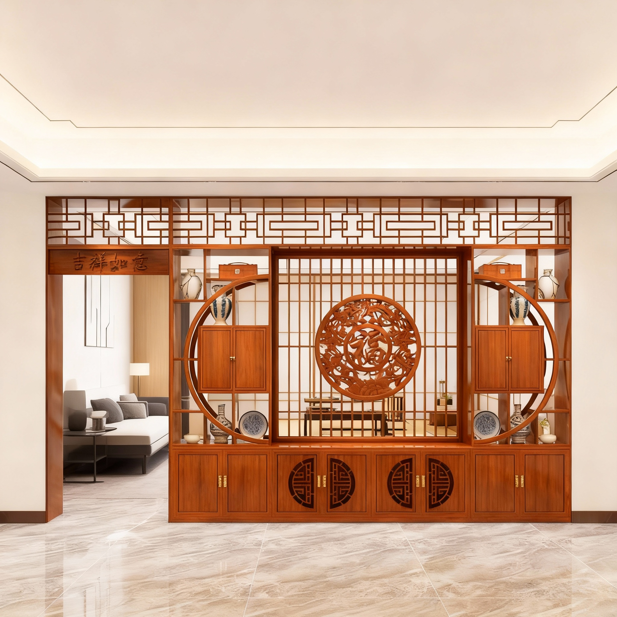 新中式实木座屏客厅隔断屏风雕花镂空博古架背景墙装饰