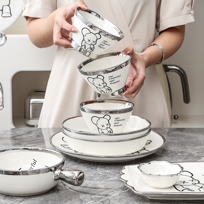 QEE熊高颜值ins风轻奢陶瓷碗盘勺