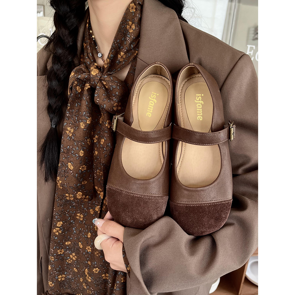 一拾方「昭和麦芬」早春小众拼接真皮玛丽珍大圆头 一字带单鞋