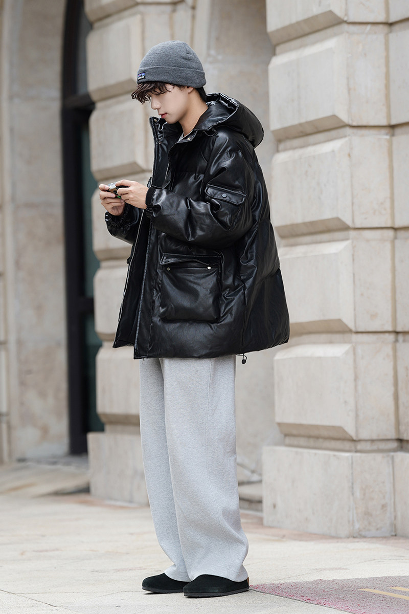 23冬季港风户外日系工装PU皮棉衣连帽宽松加厚外套棉服1125-P138,男装棉衣,星座227-6