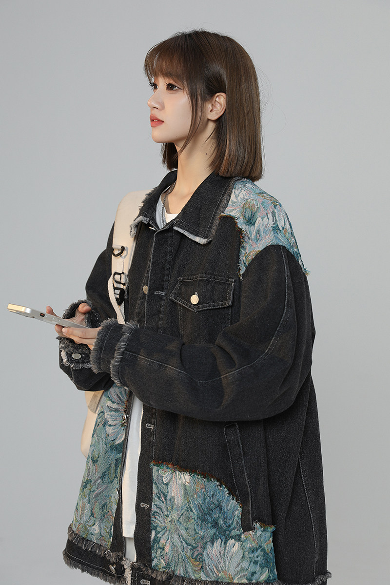 24中性春装夹克日系刺绣拼接牛仔复古宽松大码外套1111-P98,女装短外套,星座227-6
