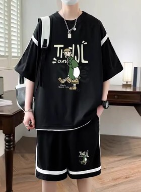 冰丝运动套装男夏季2026新款休闲短袖短裤男装一套搭配帅气两件套