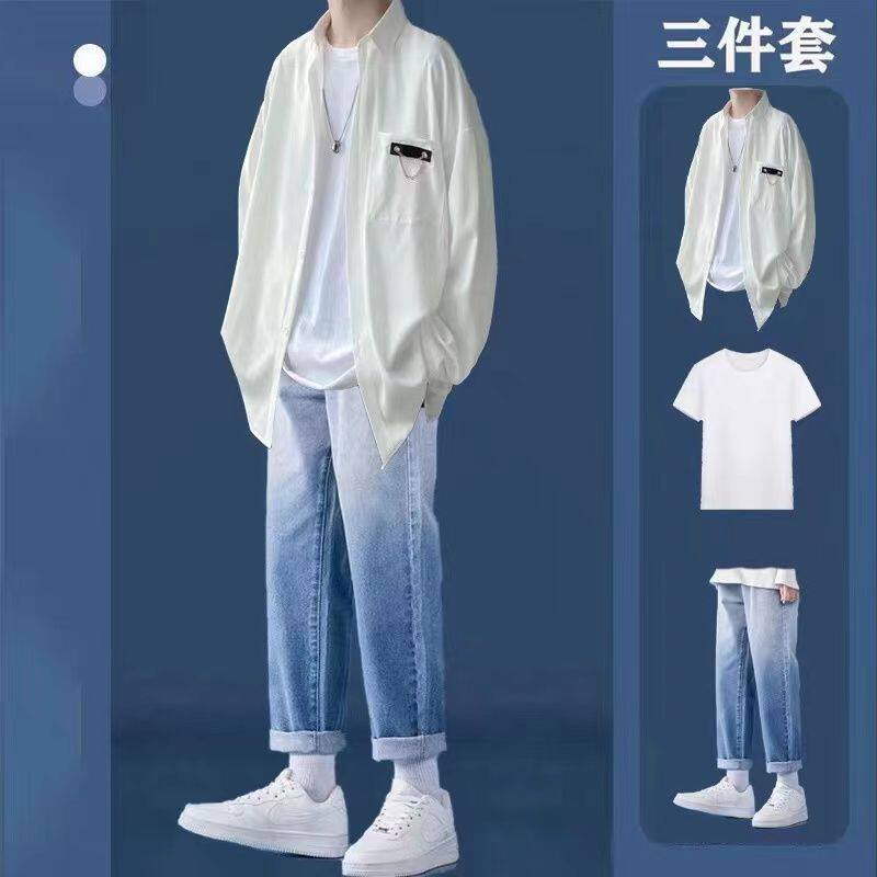 春夏季男士长袖冰丝衬衫潮流一套休闲运动套装