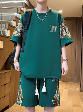 夏季新款男士国潮新中式小熊拼接印花短袖短裤宽松时尚青春两件套