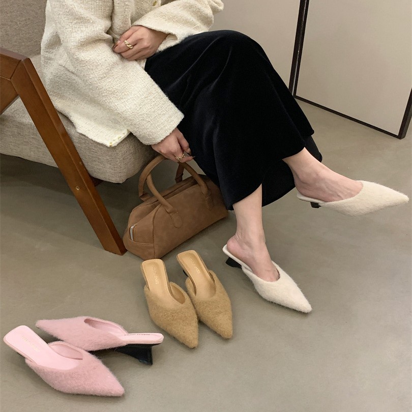 绒面穆勒鞋秋冬异形跟秋冬毛毛拖鞋女外穿包头兔毛保暖法式小跟