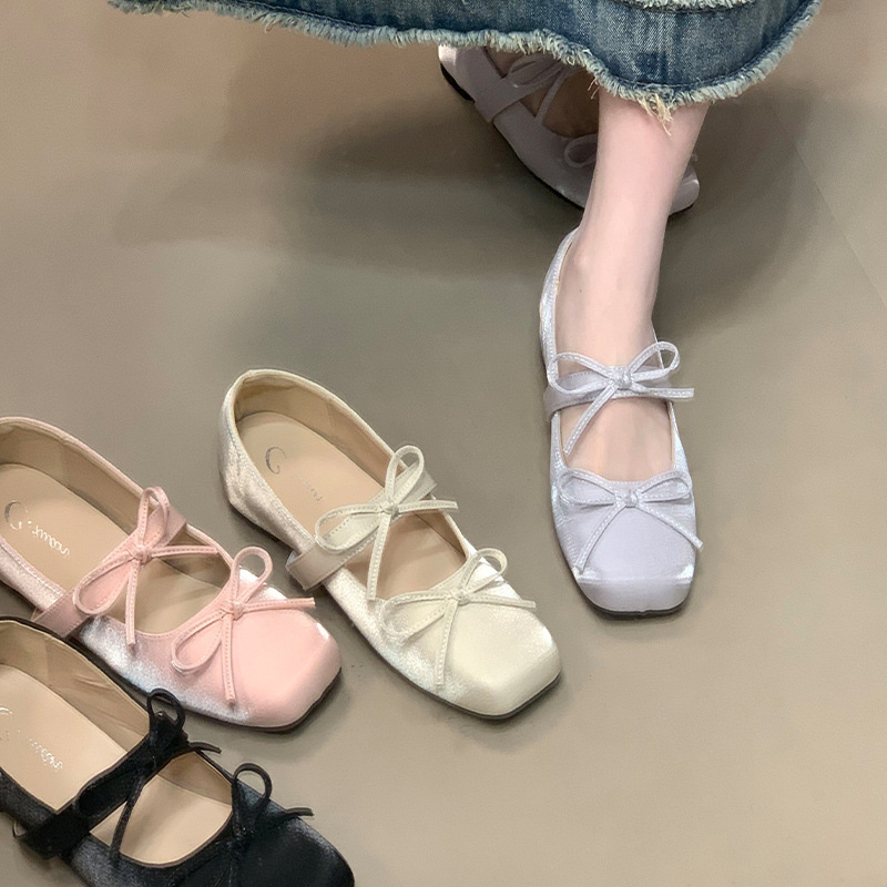 法式甜美风双蝴蝶结玛丽珍鞋方头浅口内单鞋女2025新款芭蕾舞