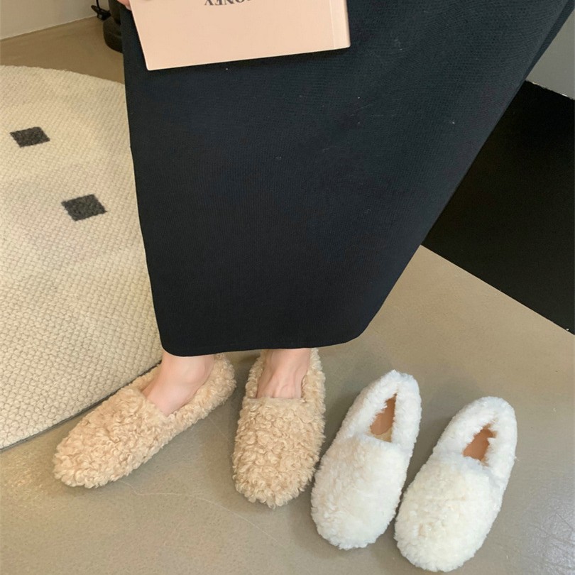 加绒内毛毛鞋女冬厚底外穿一脚蹬豆豆单鞋仙女棉鞋瓢鞋