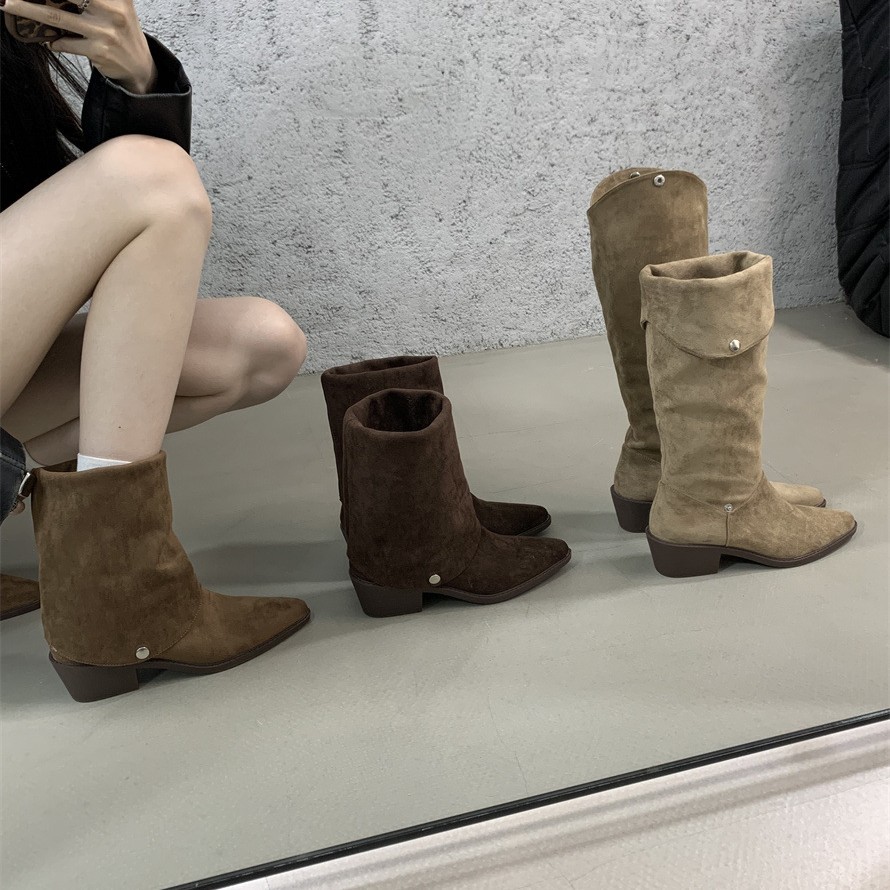 现货！苏茵茵同款鞋韩国绒面小金扣带粗跟高筒靴骑士靴女秋冬