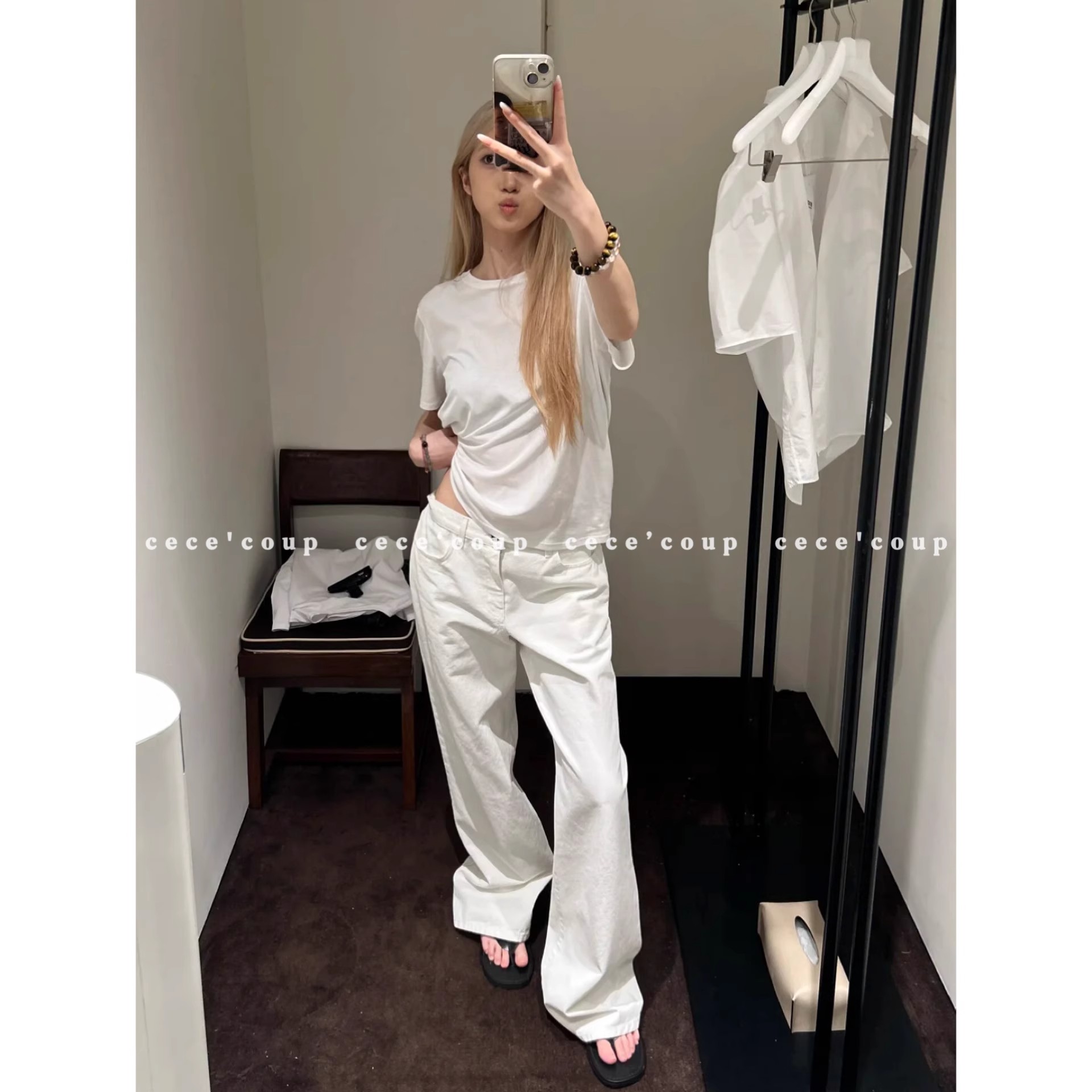 高定版本！高腰白色阔腿牛仔裤女