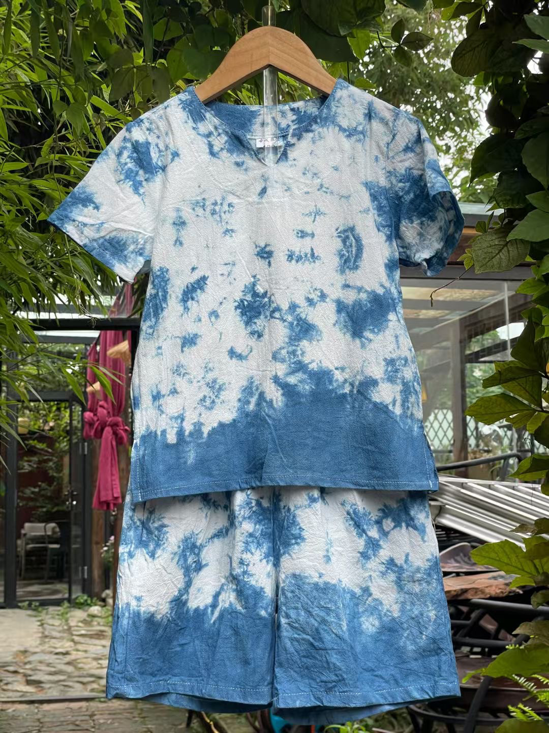 云南大理手工扎染儿童套装男童扎染短袖上衣短裤棉麻舒适透气套装