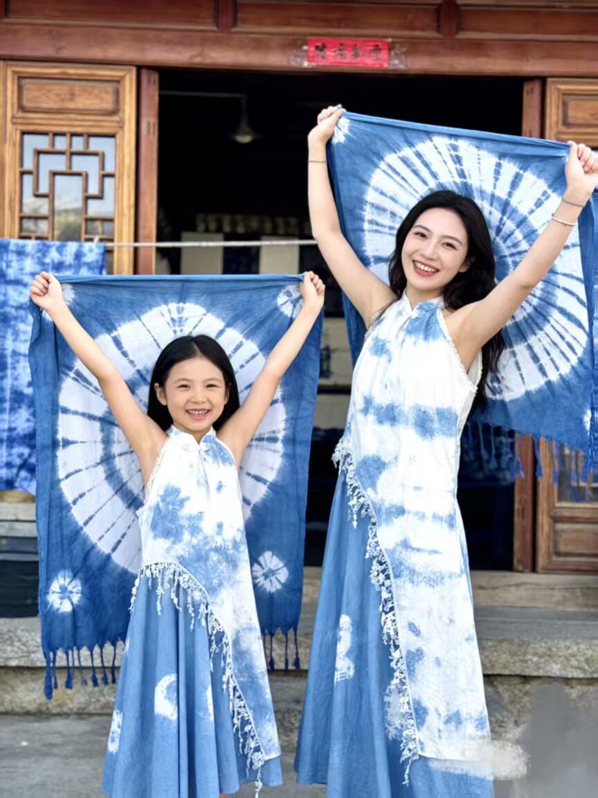 大理女童扎染民族风无袖小旗袍新款夏季学校活动旅游沙滩亲子装裙