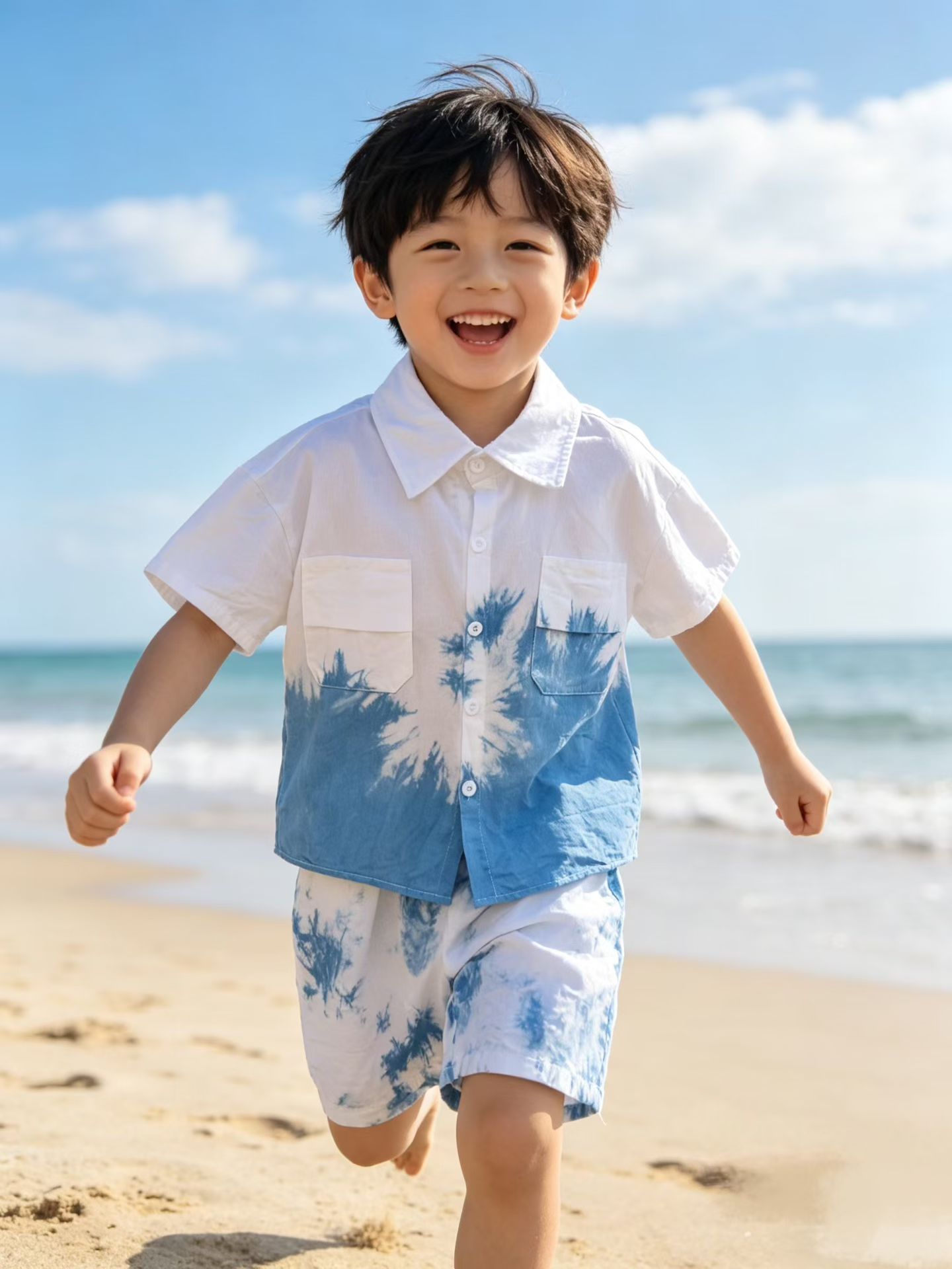 大理手工扎染民族风男童短袖衬衫夏季旅游蓝染儿童休闲衬衣套装图片