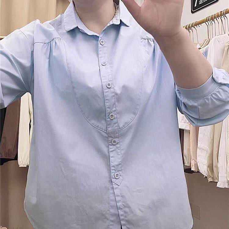全纯棉衬衫女七分袖长宽松200斤孕妇浅蓝色大码妈妈遮肚胖mm衬衣
