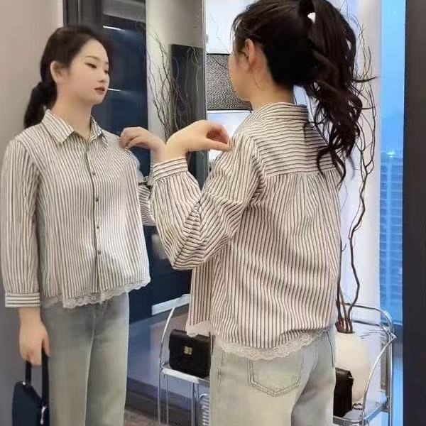 春夏蕾丝薄款条纹孕长袖衬衫