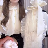 加绒加厚蕾丝长袖 高级女装 设计感蝴蝶结内搭孕春秋冬上衣打底衬衣
