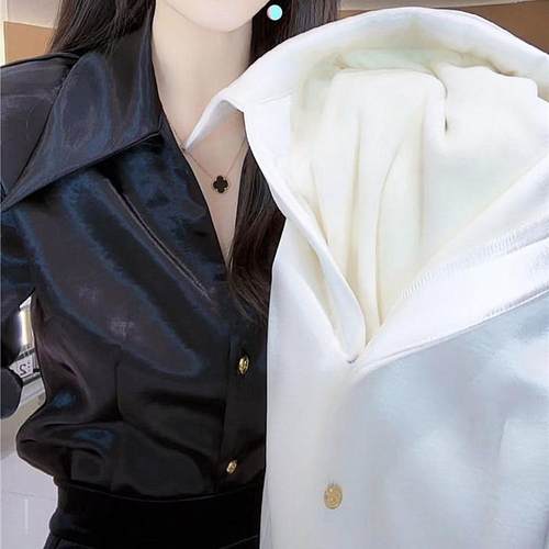 2024新款秋冬加绒加厚保暖衬衫女长袖宽松坠感早春上衣开衫缎Polo