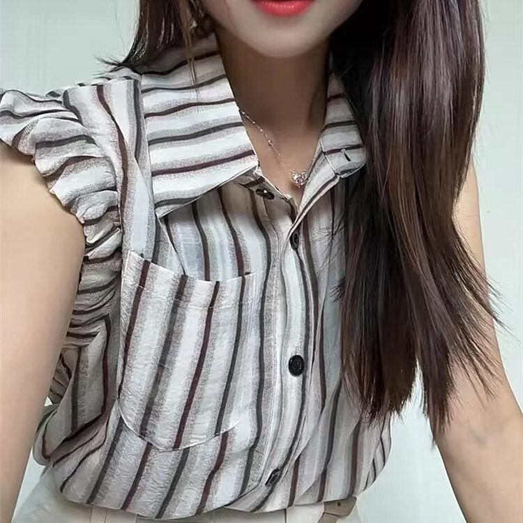 复古条纹单排扣衬衫女高级感