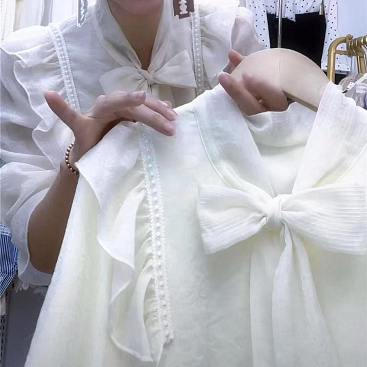 法式重工钉珠蝴蝶结衬衫女春秋夏花朵新款宽松荷叶边长袖上衣潮孕