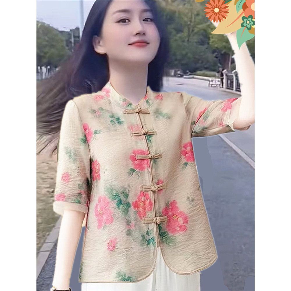 中袖衬衫条纹冰丝夏网红中老年格子7七分袖短袖妈妈装奶奶上衣女