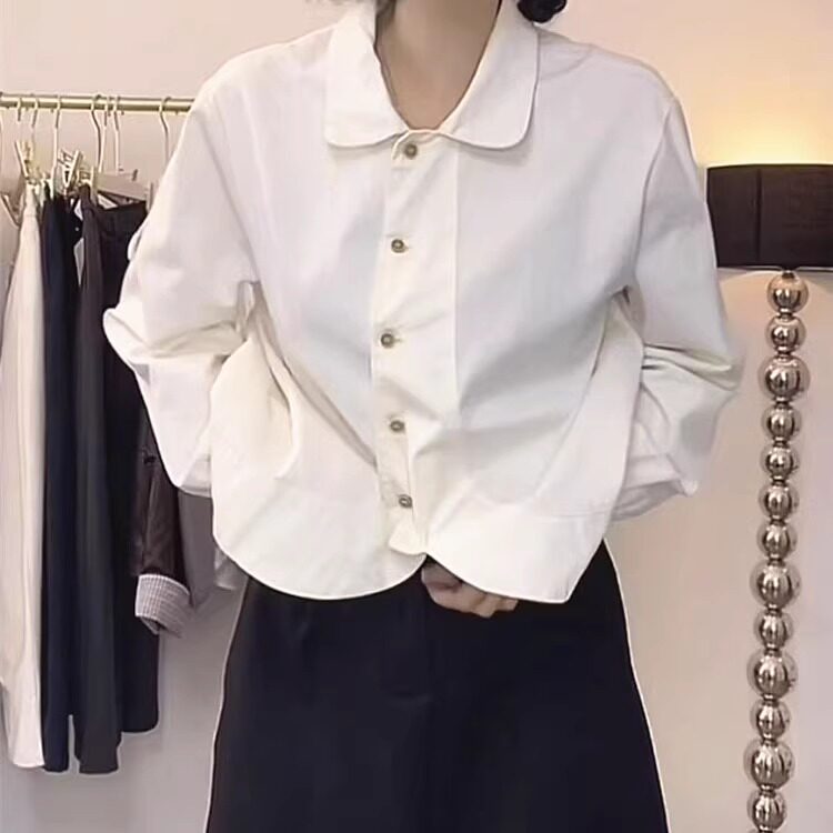 2025年秋娃娃领衬衫女复古日系磨毛新款衬衣上衣孕长袖显瘦气质潮