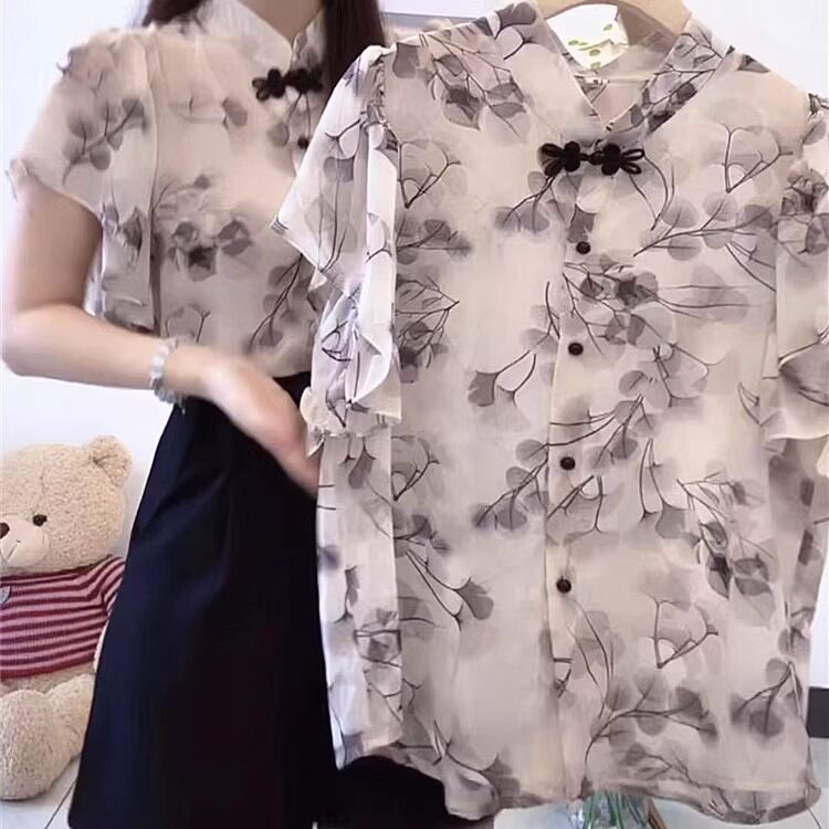 荷叶边短袖雪纺衬衫女夏季新款国风盘扣气质小众短裤减龄显瘦上衣
