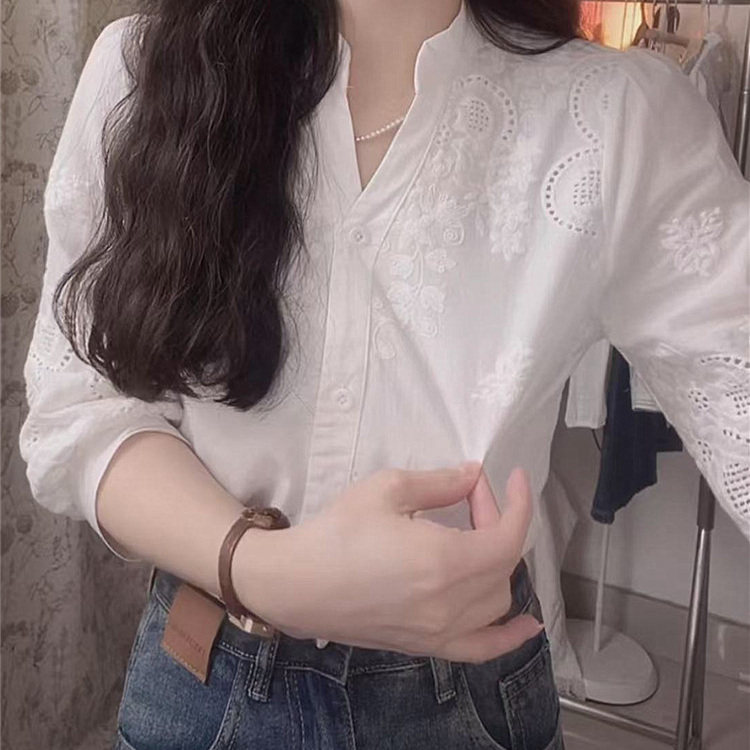 高档纯棉刺绣气质白色七分袖雪纺衬衫女士2025夏新款上衣减龄镂空
