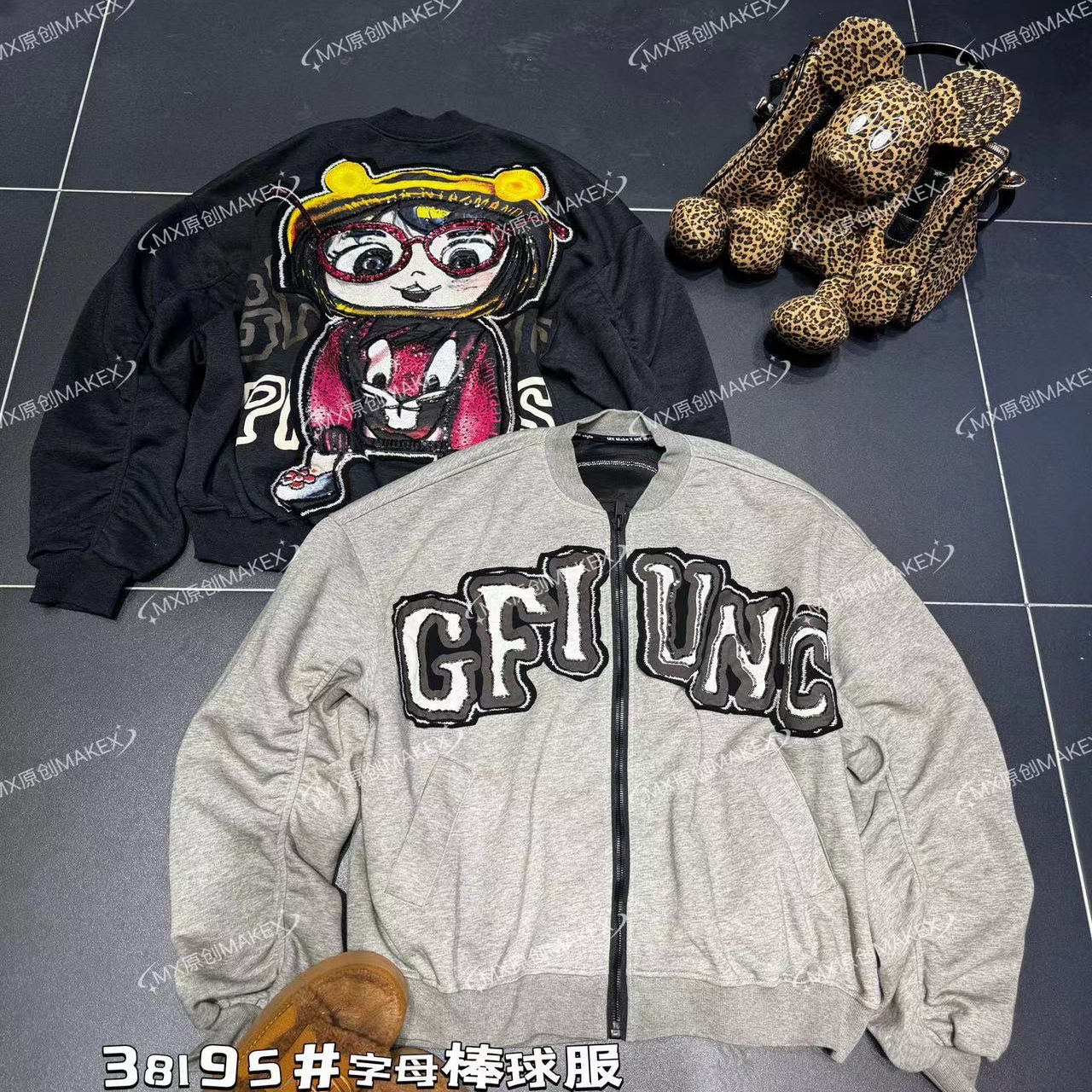 MX欧货潮牌重工纽扣水洗薄款欧美风米奇短外套落肩袖韩版上衣