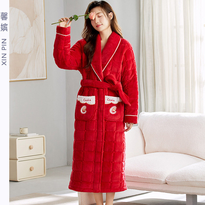 珊瑚绒夹棉睡袍女冬加厚保暖睡裙