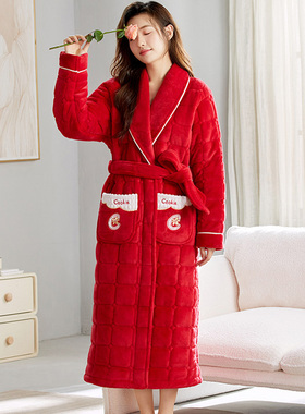 珊瑚绒夹棉睡袍女冬加厚加绒保暖红色本命年系带中长款睡裙家居服