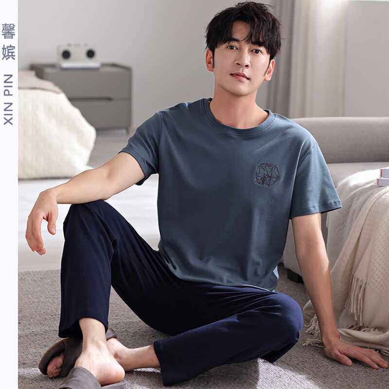 睡衣男夏纯棉圆领套头短袖薄款休闲加大码中青年男款男式长裤套装