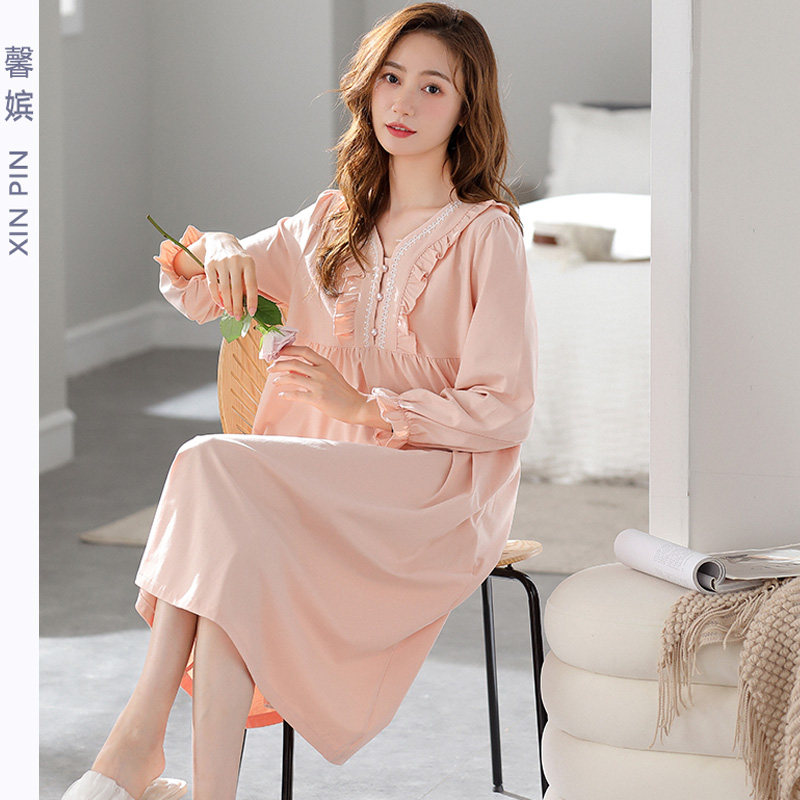 馨嫔纯棉女甜美蕾丝公主长袖睡裙