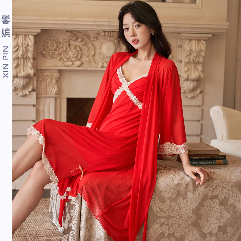 馨嫔春夏女网纱性感红色结婚睡裙