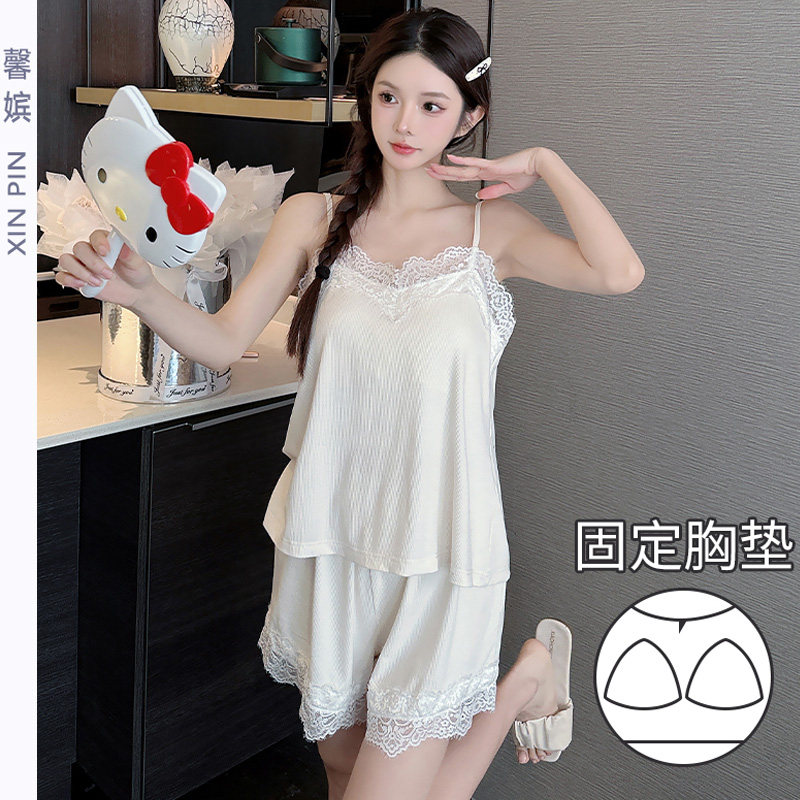 带胸垫吊带睡衣女夏莫代尔套头