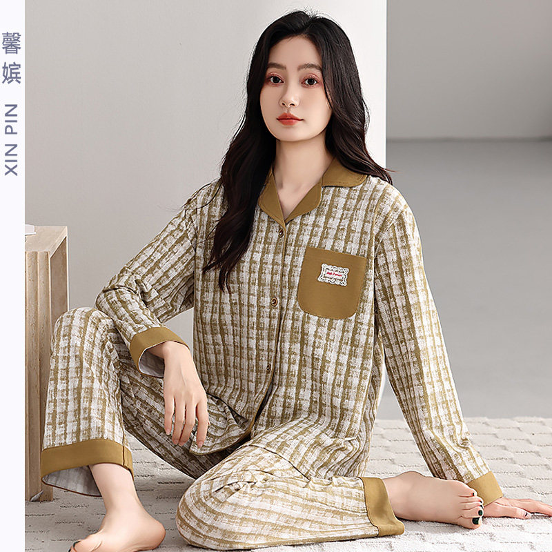 睡衣女春秋纯棉长袖开衫妈妈套装