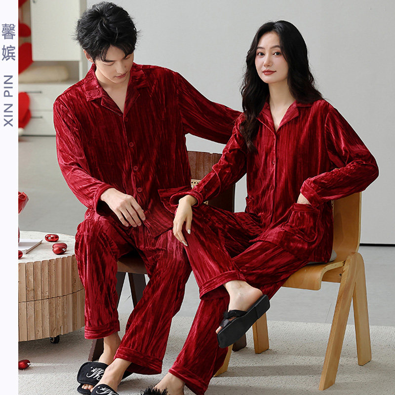 情侣红色结婚金丝绒睡衣男女套装