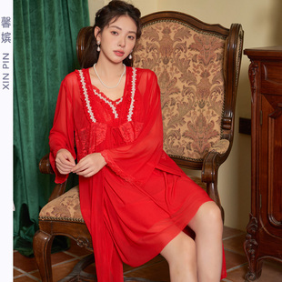 法式 宫廷睡裙女网纱莫代尔性感V领诱惑红色新婚吊带胸垫裙两件套