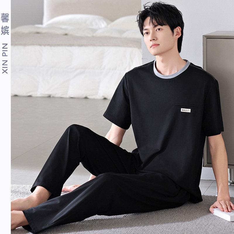 馨嫔睡衣男士春夏新款纯棉圆领套头短袖长裤休闲加大码中青年套装