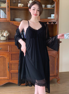 2024新款黑色网纱宫廷睡裙女春夏情趣诱惑性感带胸垫吊带裙两件套
