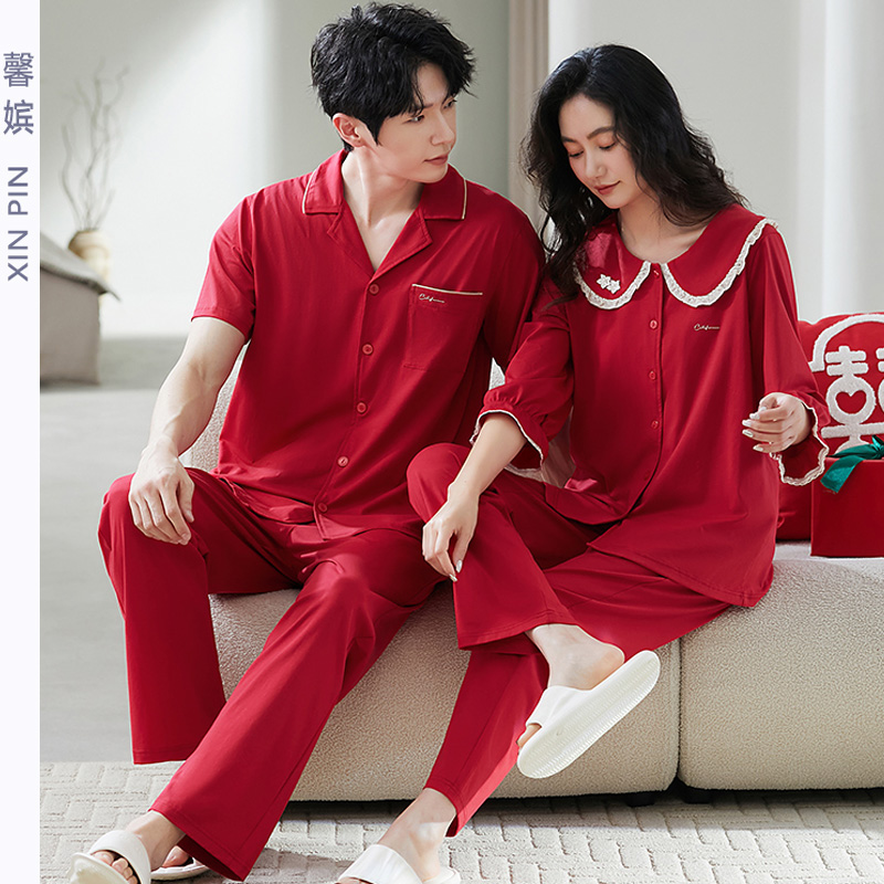 情侣红色结婚睡衣女纯棉开衫七分短袖长裤休闲男翻领加肥大码套装