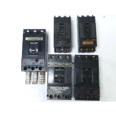 CIRCUIT BREAKERS, 1x15A, 1x100A, 1x150A, 2x400A, LOT OF 5, A