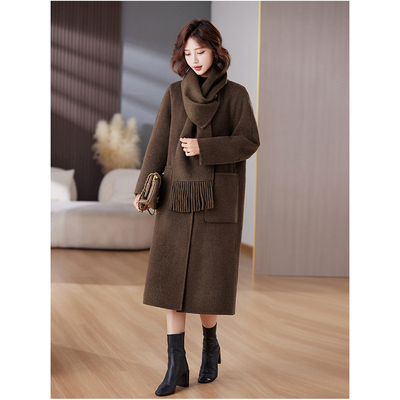韩版中长款手工缝制双面羊绒大衣