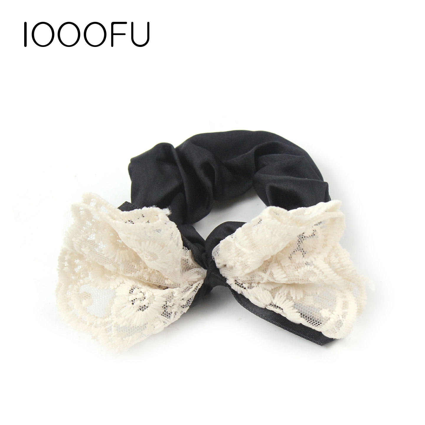 日系甜美刺绣蕾丝蝴蝶结发圈布艺宽边马尾宽头绳黑色大号扎发头花