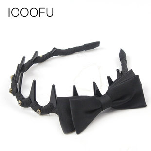 时尚黑色蝴蝶结水钻带齿发箍布艺防滑发卡韩百搭发带日常外戴头箍