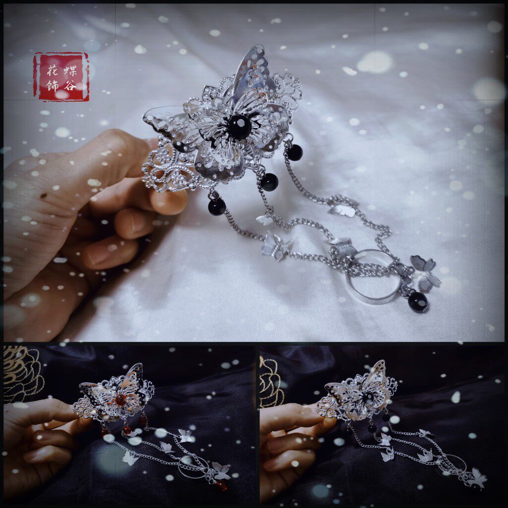 天官赐福衍生花城银蝶手镯古风汉服可调节手链戒指一体蝴蝶手链