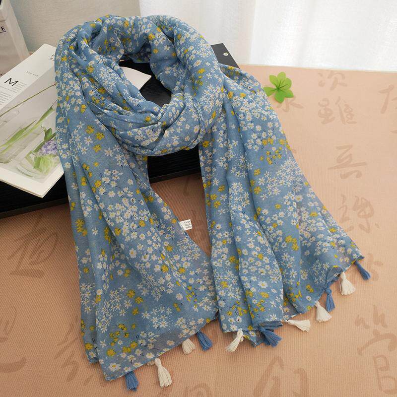 显白蓝色碎花棉麻围巾女秋冬新款薄日系保暖围脖百搭文艺丝巾披肩