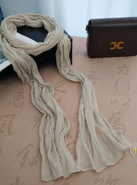 棉麻围巾女薄款秋冬百搭纯色洋气细窄加长条护颈肌理褶皱装饰丝巾