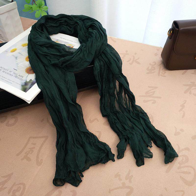 墨绿色围巾女薄款秋冬百搭纯色护颈椎围脖纯色褶皱装饰丝巾披肩