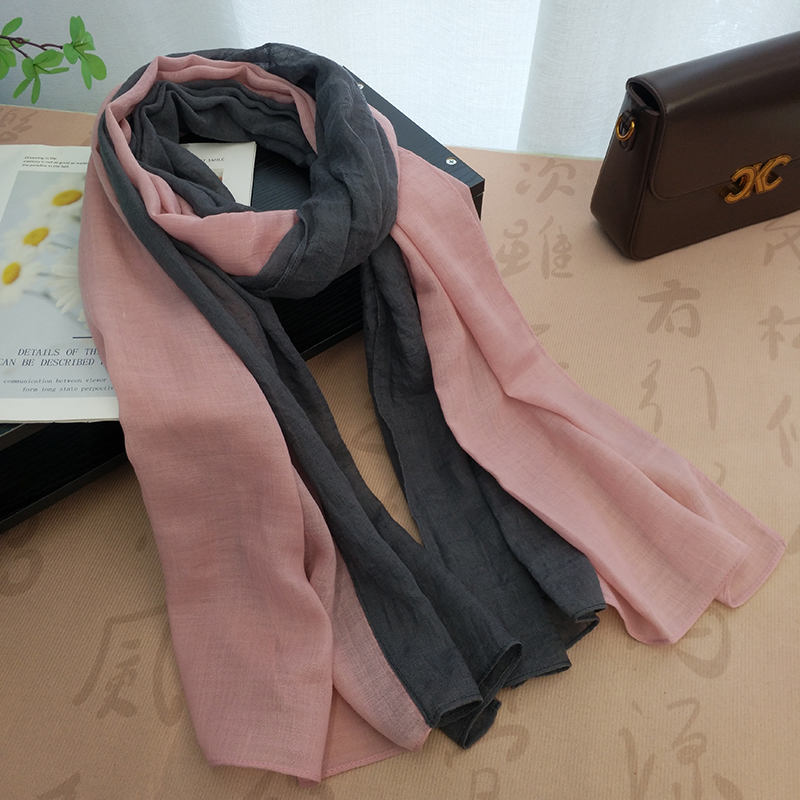双色拼接围巾女秋冬薄棉麻2025新款长款披肩护颈围脖韩版百搭丝巾